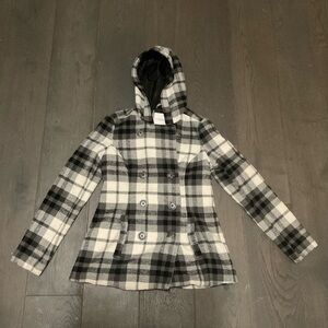 Aeropostale Black & White Plaid Hooded Coat
